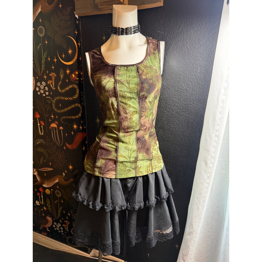 Dressbarn Women 1X Green Brown Floral Paisley Lace Trim Sleeveless Top Fairycore